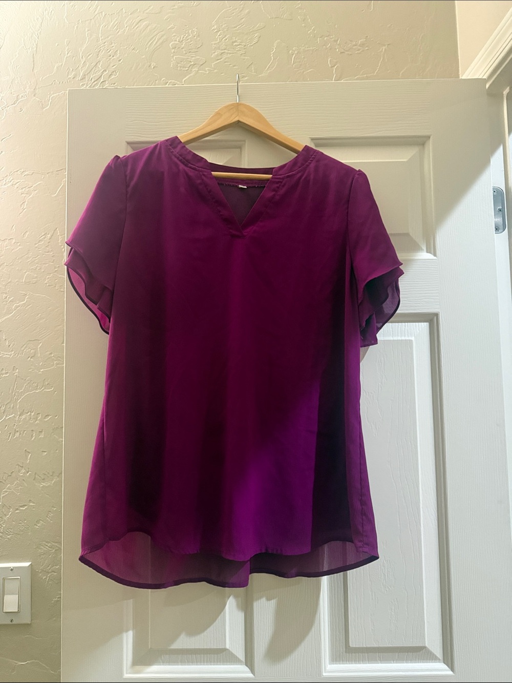 Women’s Purple V-Neck Flutter Sleeve Blouse